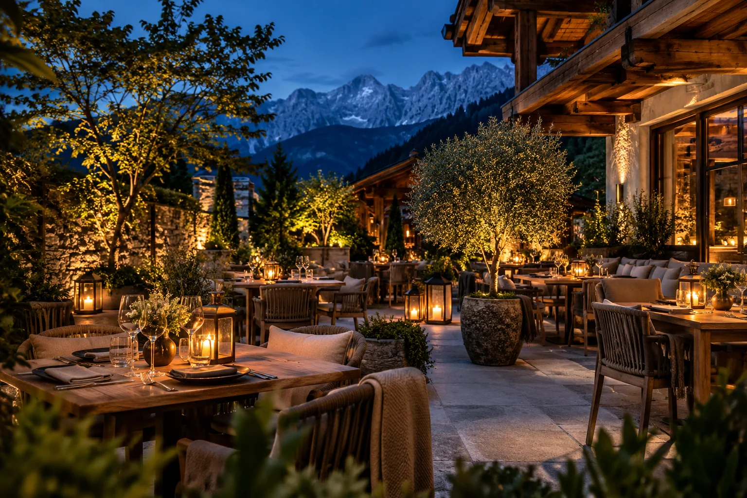 KI-generierte alpine Terrasse in der Abenddämmerung
